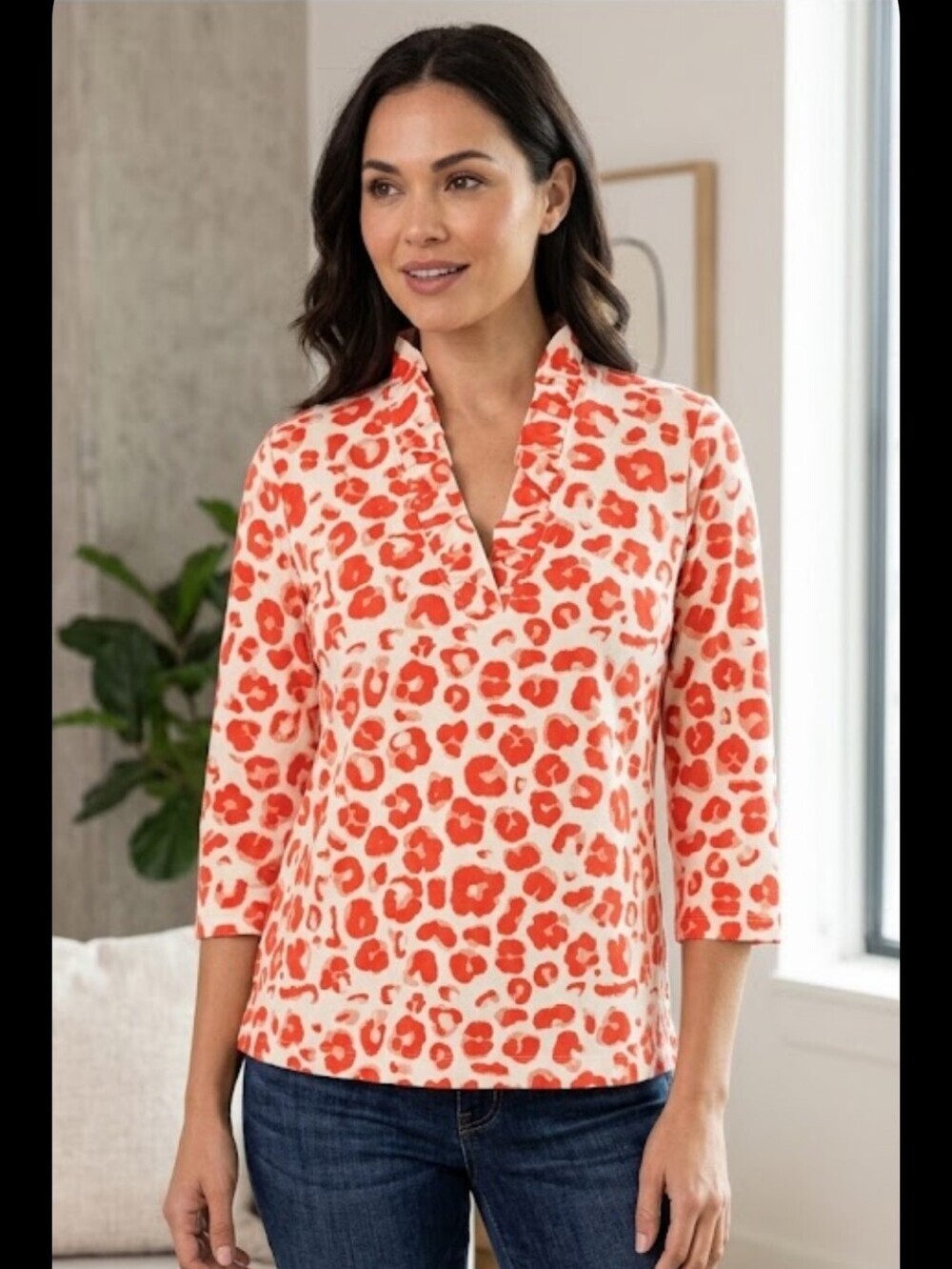 Michelle McDowell Red Animal Print Blouse Medium V Neck